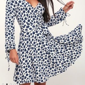 Free people Ivory Floral Print Long Sleeve Wrap Mini Dress